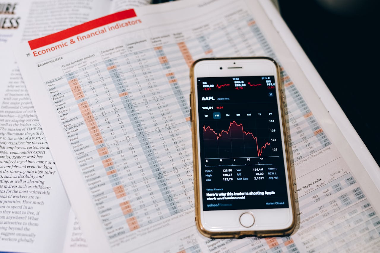 about-01 Smartphone displaying stock market data on papers with financial charts.
